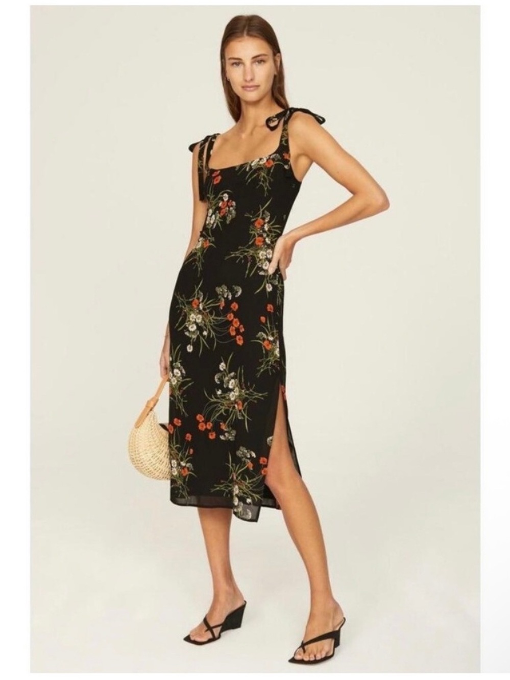 Reformation Black Floral Midi Dress with Tie Straps - Size 0